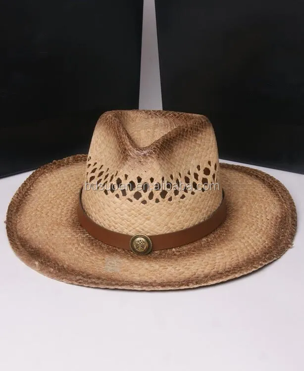 Hollow Design Vintage Print Raffia Straw Cowboy Hat with Fake Leather