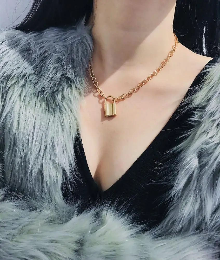 Punk Style Design Jewelry Gold Link Chain Necklace Pendant Padlock Necklace For Women
