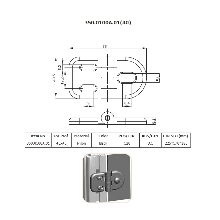 Universal And Detachable Black Nylon Plastic Spring Hinges For Cabinet Door For 4040 Profiles