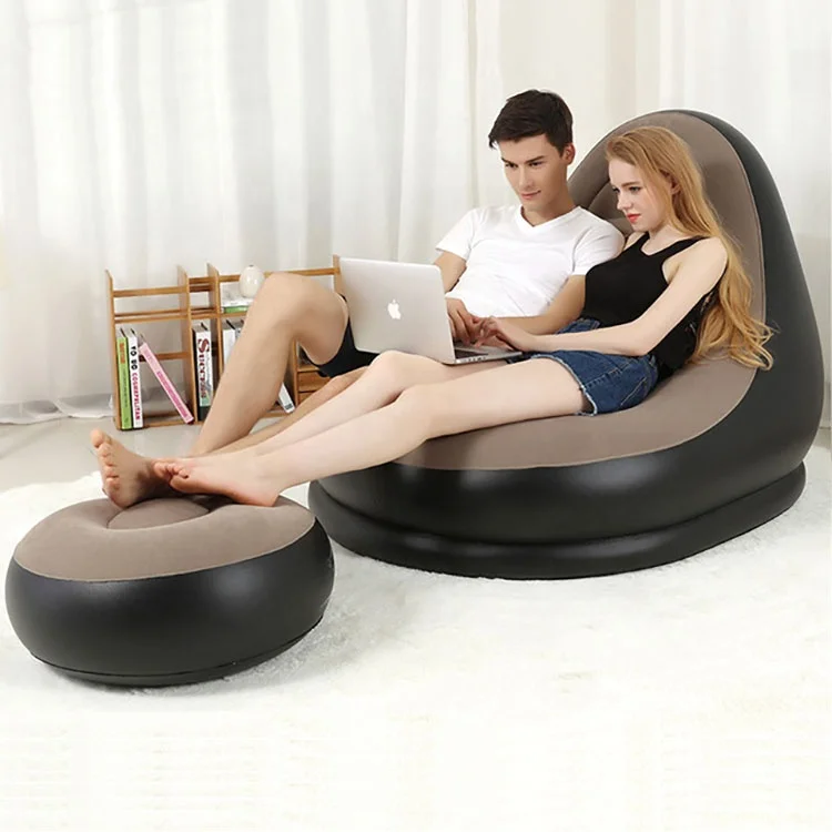 Inflatable Sofa Lounge Air Chair Indoor Outdoor Living Room Flocked PVC With Foot Rest Ottoma Stool