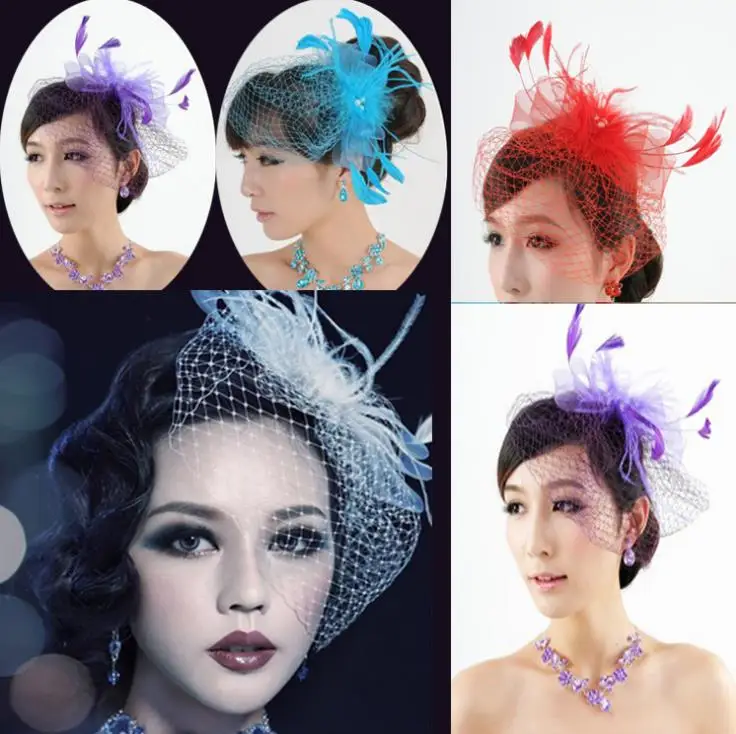 Factory direct small hat European and American bride head mesh hair accessories feather cover hair clips bow bride veil