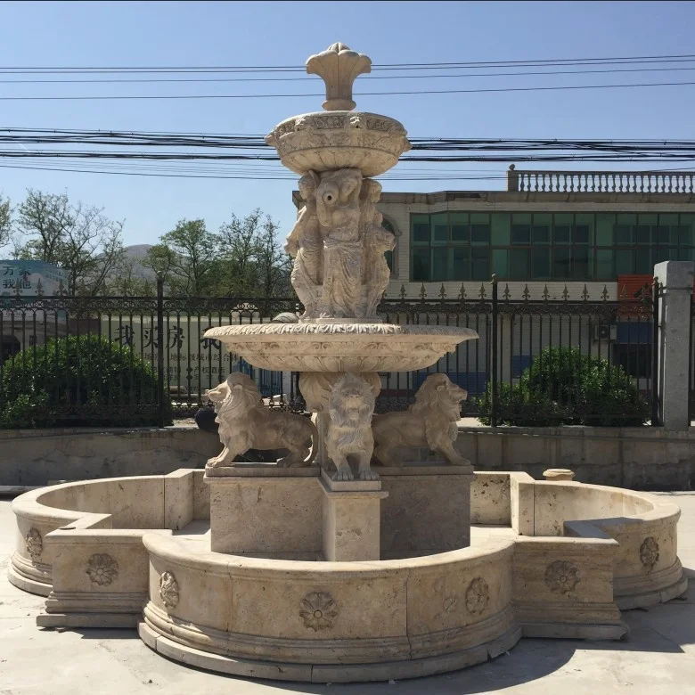 Outdoor young Girl And Lion Stone Water Fountain marble fountain garden