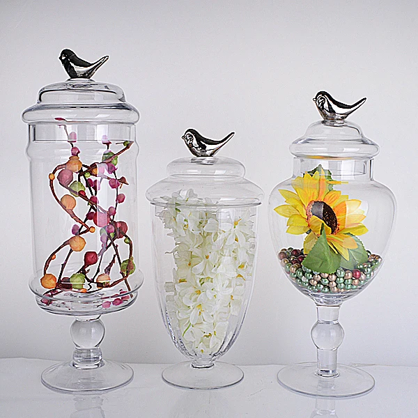 Wholesale Big Size Storage Apothecary Candy Wedding Decorative Glass Jars with silver bird decor attached