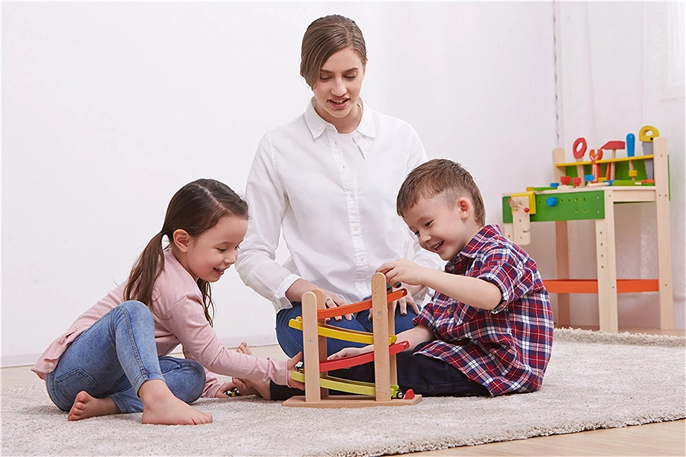 Wooden Ramp Racer Race Track for Toddlers and 4 Wood Cars, Race Car Ramp Set