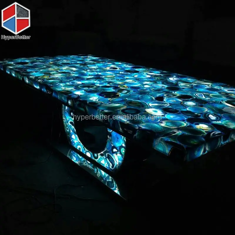Backlit rectangle blue agate dining table