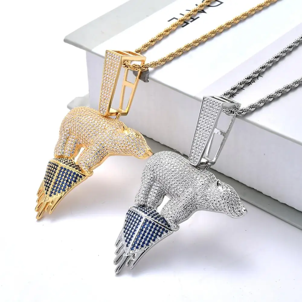 Hot Sale Iced Out CZ Stone 18K Gold Plated Polar Bear Pendants With big Clasp