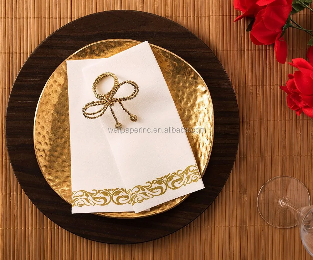Soft and Absorbent Linen-Feel Paper Guest Towels Disposable Hand Towels & Decorative Bathroom Napkins White and Gold (100-Pack)