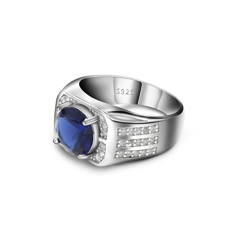 Malaysia 925 Sterling Silver Big Blue Stone with Cubic Zircon Men Ring Wedding Engagement Ring for Man Women Jewelry