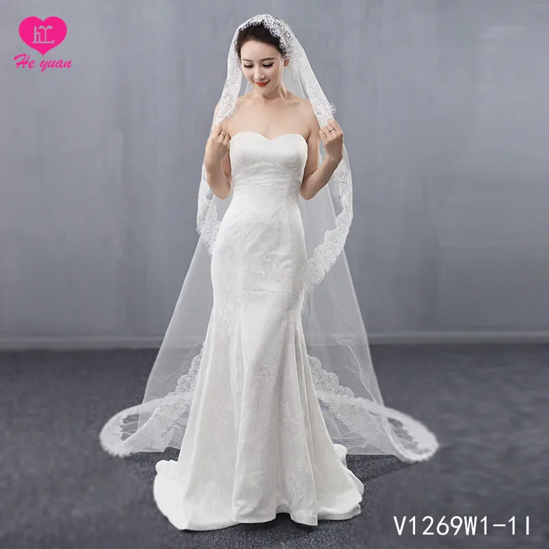 V1269W1-1 church long veil lace trim