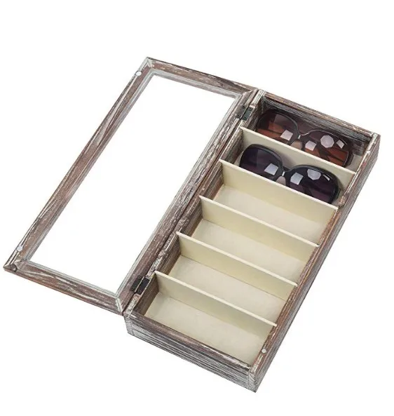Torched Wood 6 Slot Sunglasses Eyewear Display Storage Wooden Organizer Box
