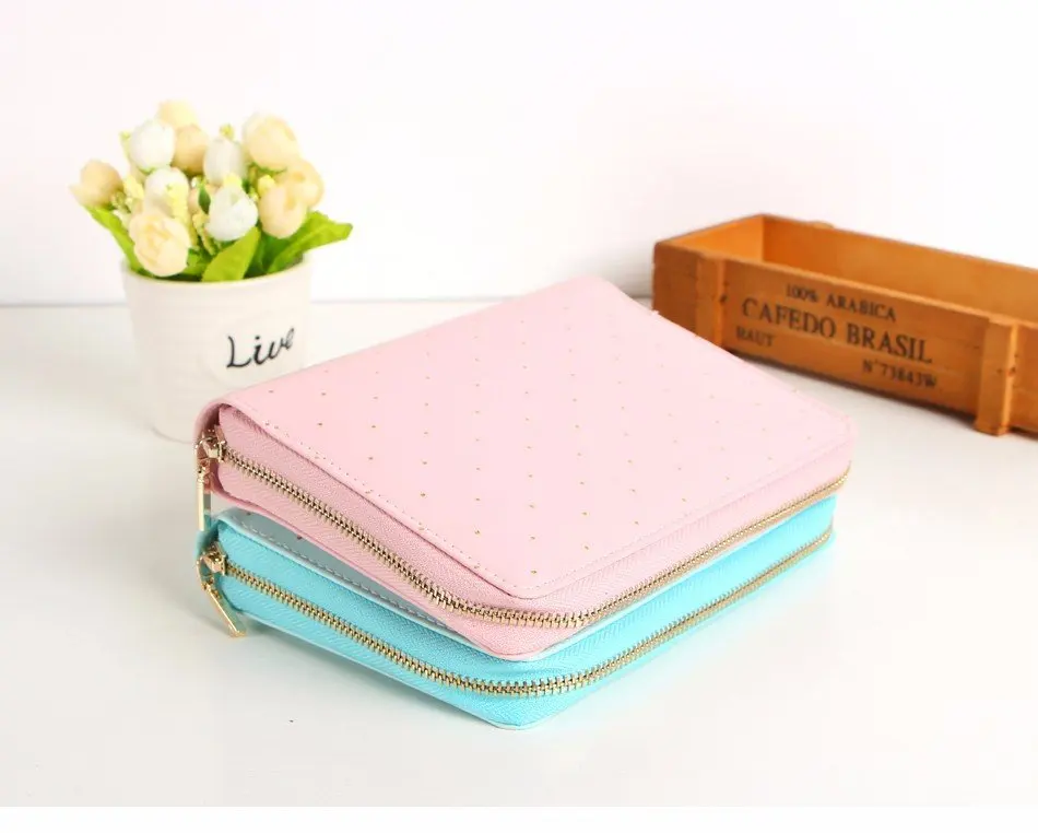 A5 PU leather gold polkd dot zipper closure case document file refilled holder organizer portfolio