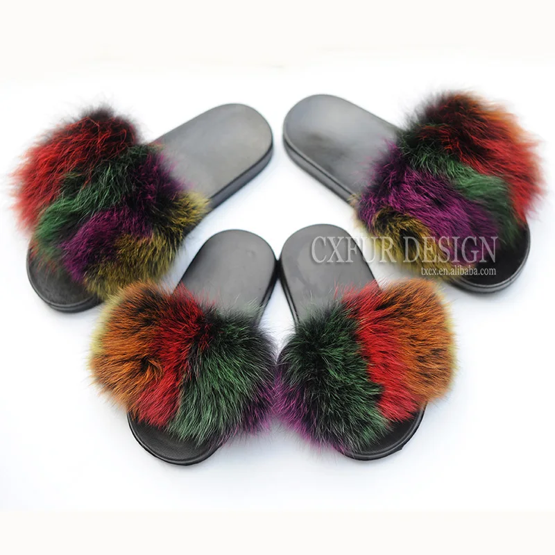 CX-A-66C Children Style Genuine Fox Fur Slipper Wholesale Kids Fur Slides