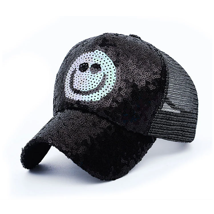 Customize plain paillette shiny color glitter Smile face sequin cap