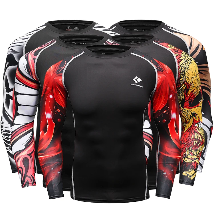 Custom logo 3d printed shirt men mma long sleeve rash guard waist band with rubber