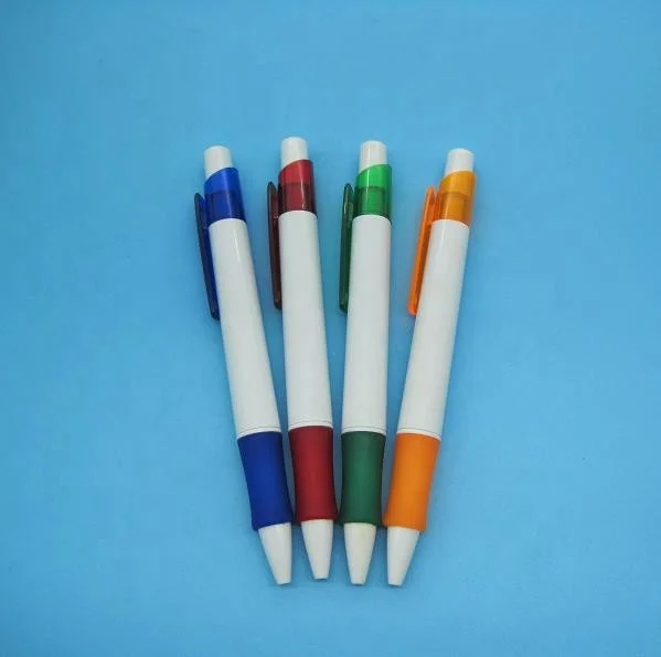 custom plastic pen with rubber grip white advertising plastic ball pen with soft grip for finger when write