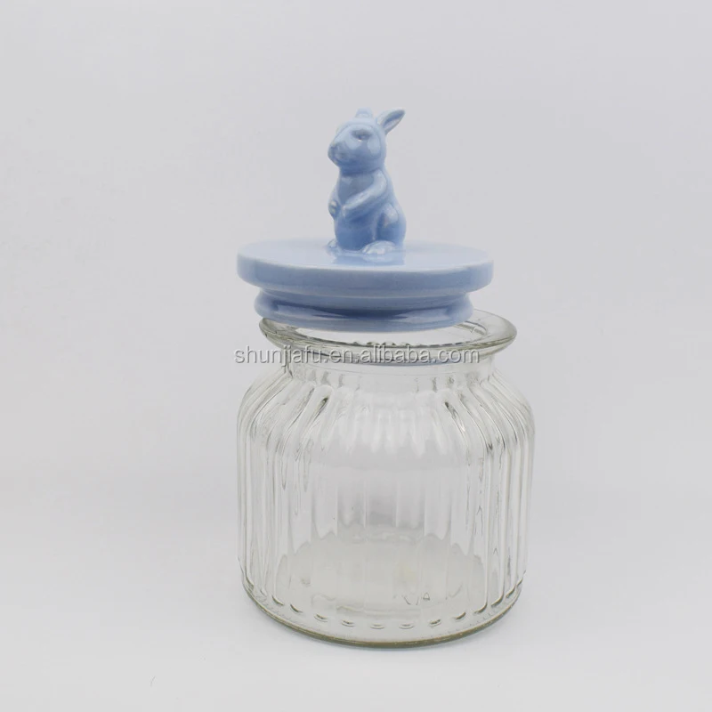 Colorful Rabbit Ceramic Lid Glass Candy Jar Wholesale Glass Jar
