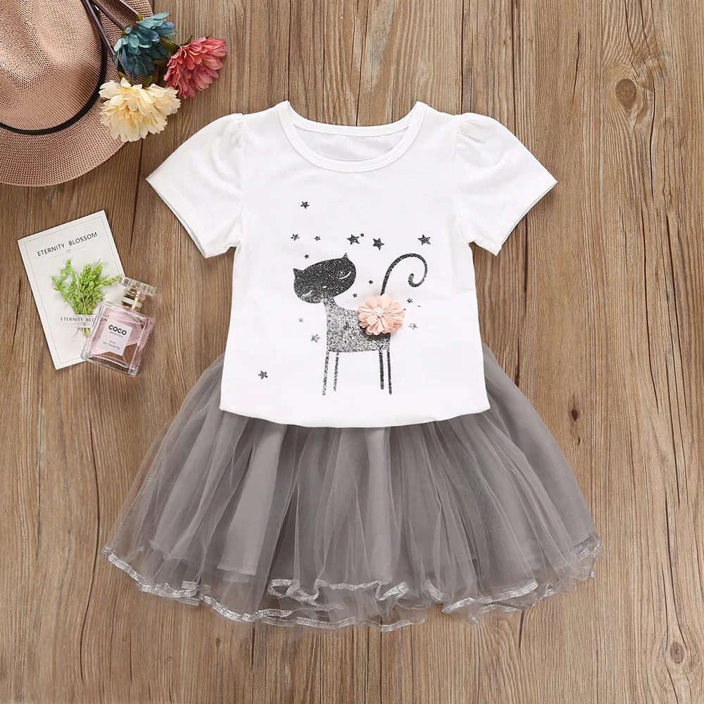 Hao Baby Europe And America Girl Children Wear Cat Cartoon Short Sleeve  Kid Skirt Dress