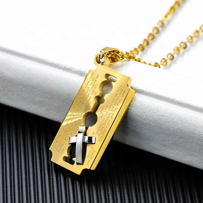 MECYLIFE 2019 Fashion Design Razor Shaver Barber Jewelry Stainless Steel Engraved Cross Pendant Necklace
