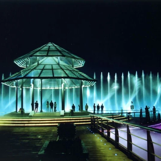 Outdoor water show dancing music fountain show in the lake or in the pool