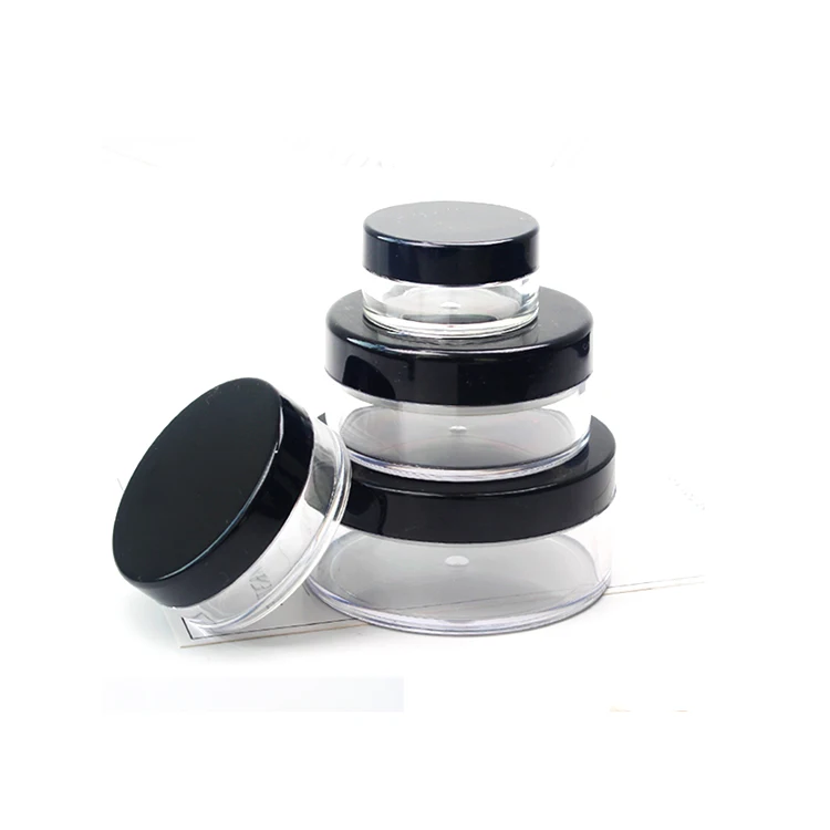 Hot sale 3ml 5ml 3g 5g 10g glitter loose powder jar 20g 50g 30g round plastic loose powder container with sifter and black caps