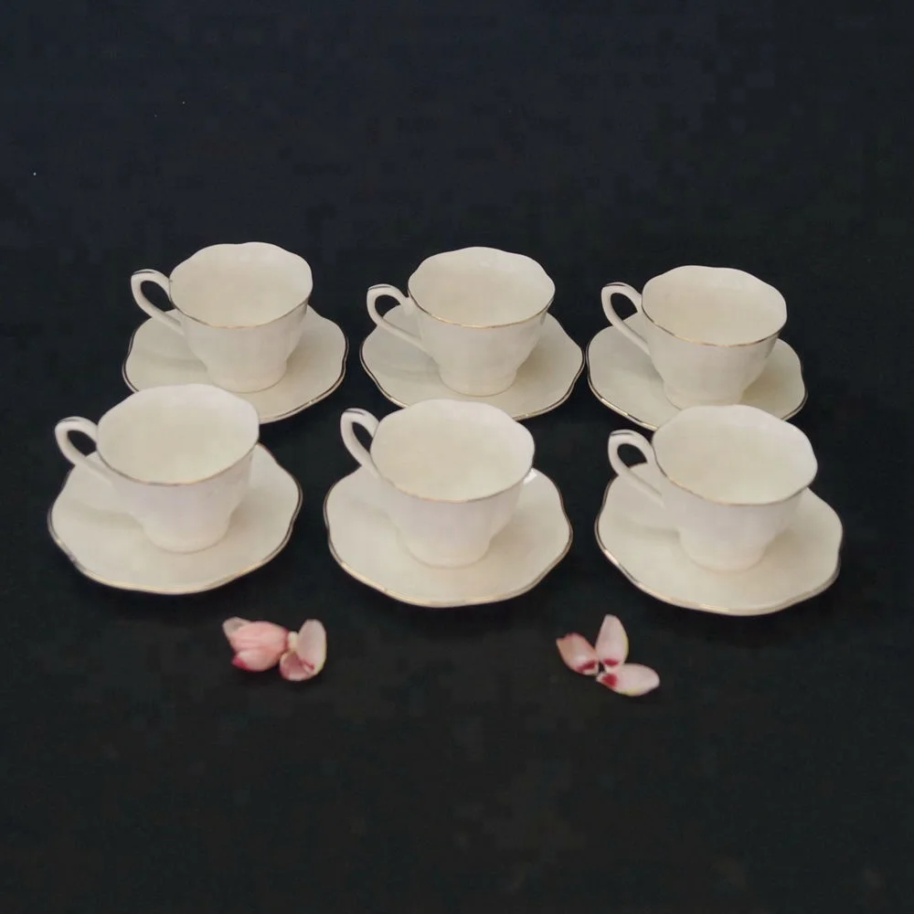 Ceramic 6 Sets Bone China Gold Rim Rose Tea Cups And Saucers