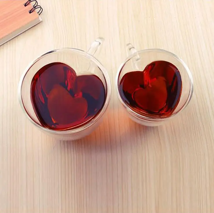 O216 180ML 240ML Double Wall Tea Beer Mug Milk Juice Coffee Cups Heart Shaped Glass Cup