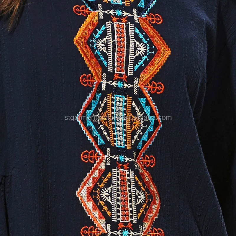 Fashion Maxi Robe Dress Navy Long Sleeve Embroidery Straight Dresses Boho Style Plus Size Clothes STb-0664