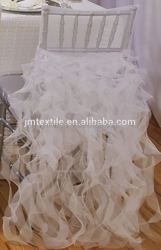 wedding decoration pure white chiffon chair curly willow ruffle chair sash