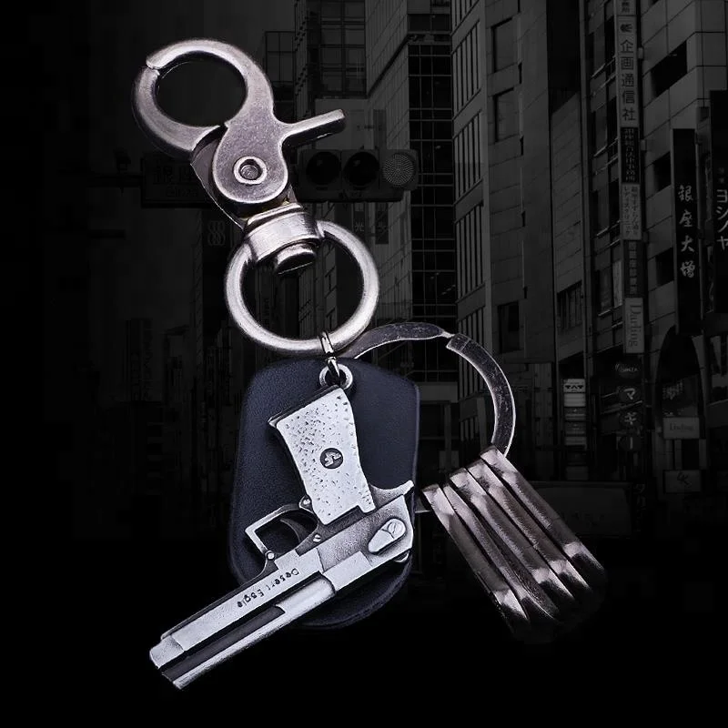 Promotional leather keyholder metal trinket gun keychain & keyrings for men women car key chains Souvenir Gift
