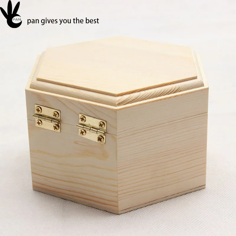 New design hexagonal unpainted luxury pine wooden pen box with lid