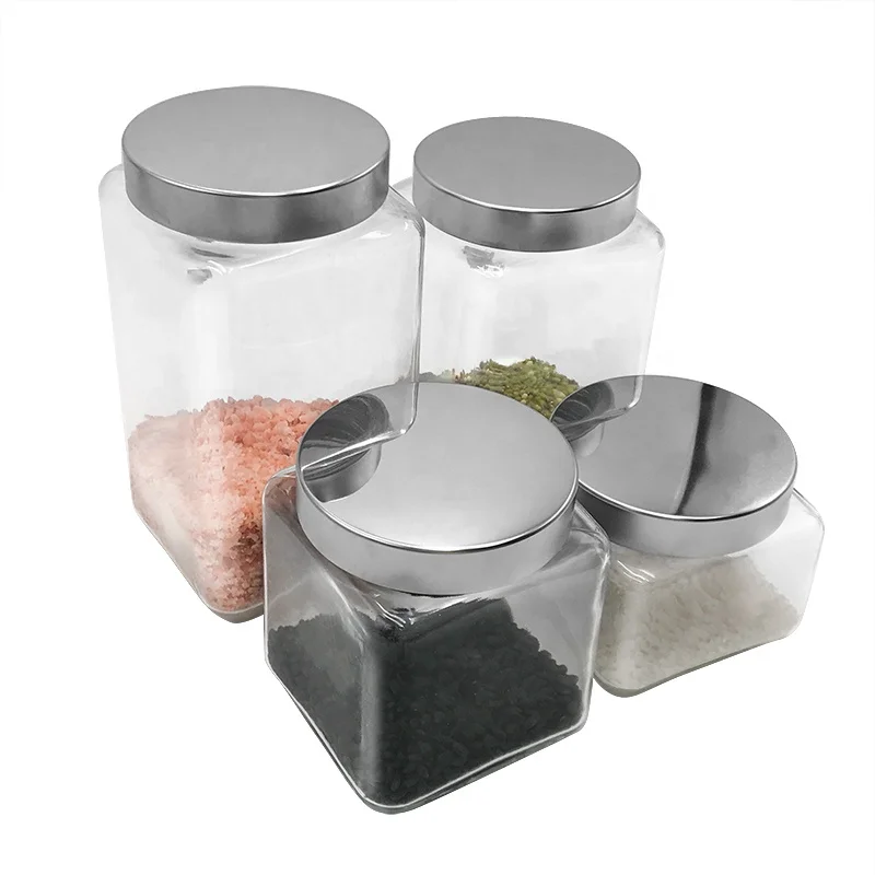 square shape storage empty glass jar for food with metal screw