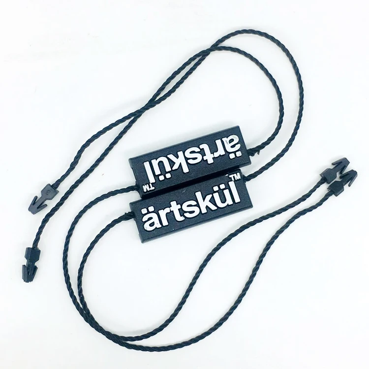 Custom unique design Embossed logo Garment hangtag plastic nylon loop colorful lock seal clothing swing tags string