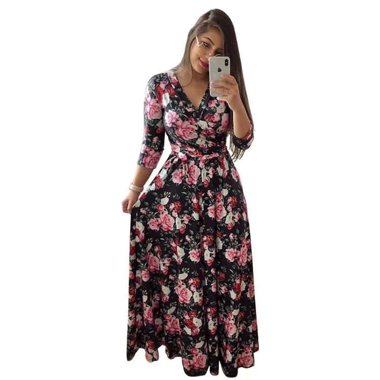 Clothes women v neck 3/4 sleeve plus size floral printed party long maxi dresses with belt