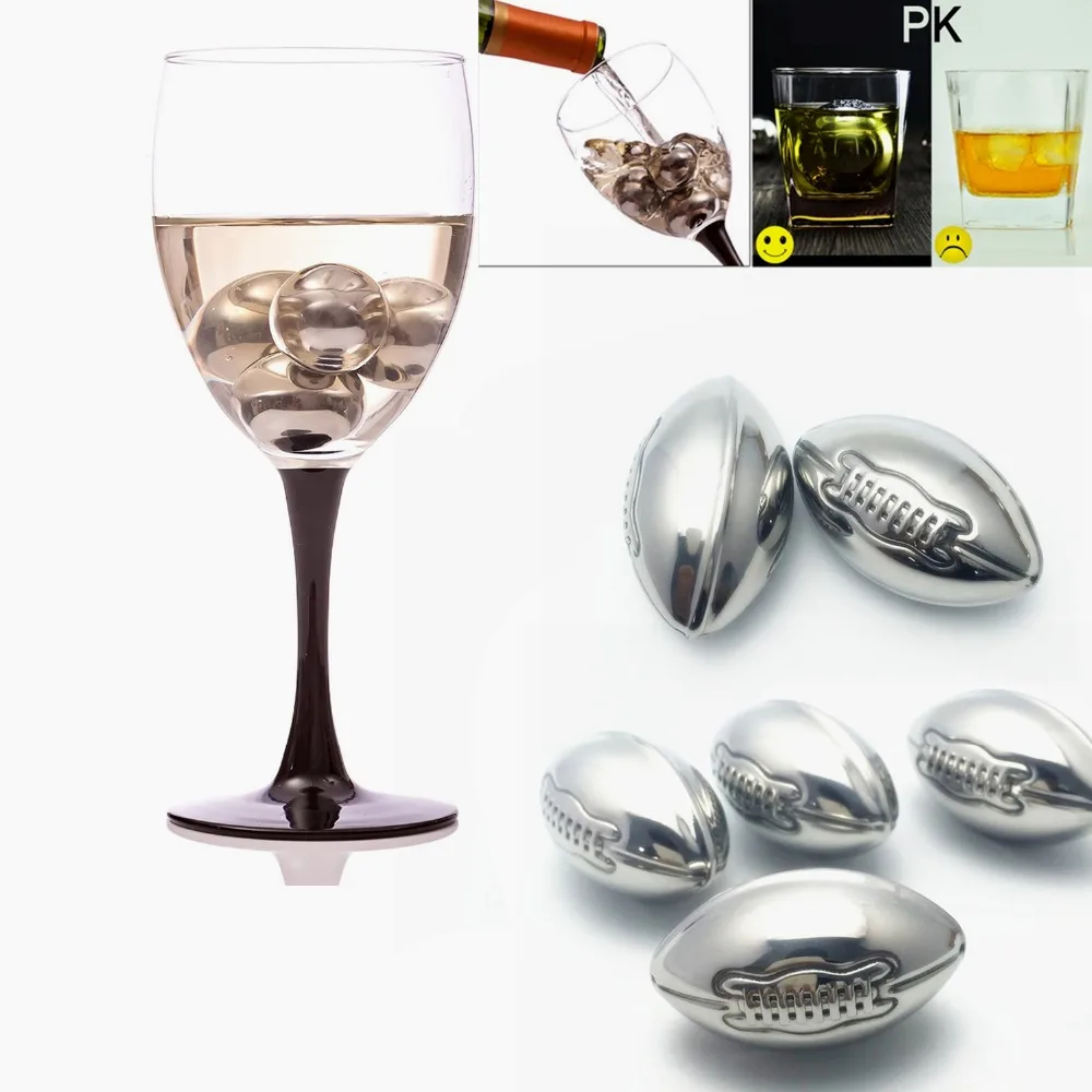 Rugby Shaped Stainless Steel Ice Cubes Ice Rocks 4pcs Silver Bar Accessories Metal Customer Logo Cooling Accessories Football