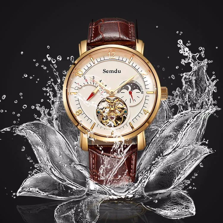 
Quick ship Small MOQ skeleton Luxury Sport leather strap Automatic Man Wrist Watch 