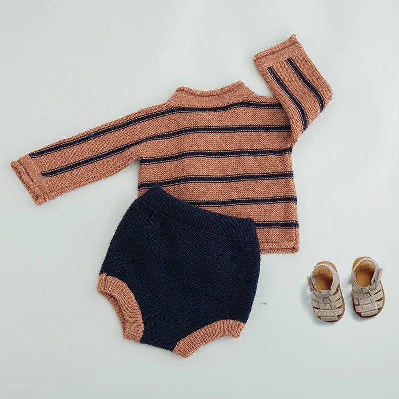 Spring knitted striped design baby outfits top sweater cardigan and trousers children clothes suit