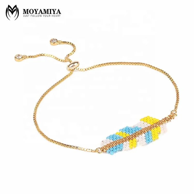 Moyamiya Miyuki Seed Beaded Leaf/feather Bracelet Stainless Steel Bracelet Golden Feather Bracelet Unisex BOHEMIA 12 Pcs/style