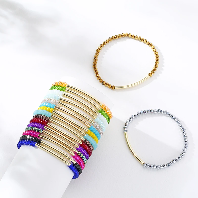 Fashion 4mm Crystal Bead Seed Bead Copper Tube Stretch Bracelet For Women