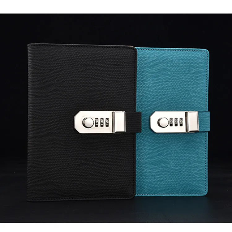 hight quality PU leather business diary notebook with lock loose-leaf pockets notebook with code lock gift box