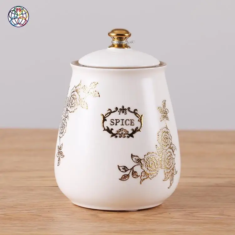 Exquisitely handmade health safety white gold color ceramic tea coffee sugar cookie jar to saving food