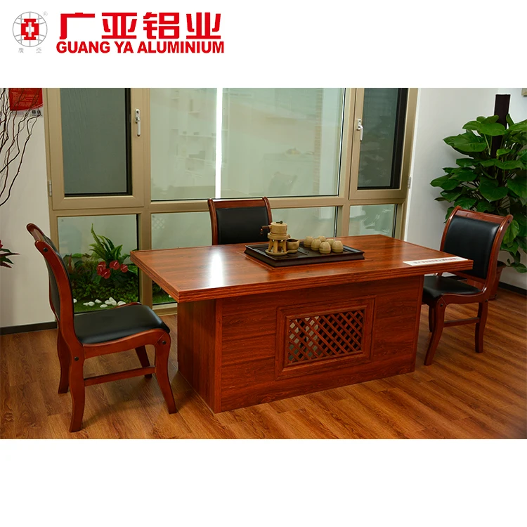 
High end wooden grain tea table and chairs set chinese traditional office business aluminum table 