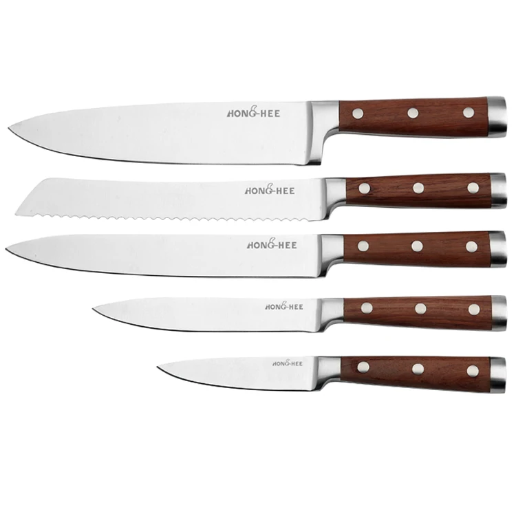 Professional chef kitchen stainless steel cutlery knife set, 5 Piece German Steel Forged Knife Block Set