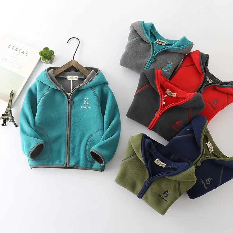 
Wholesale boys girls double side fleece hoodie jackets outwear kids coat 
