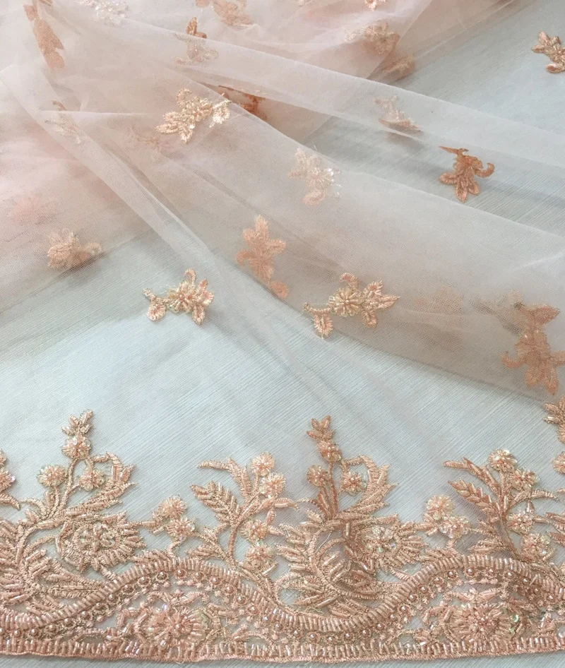 high quality peach embroidery sequin and beaded lace tulle fabric for women dress, simple designs heavy beaded fabric
