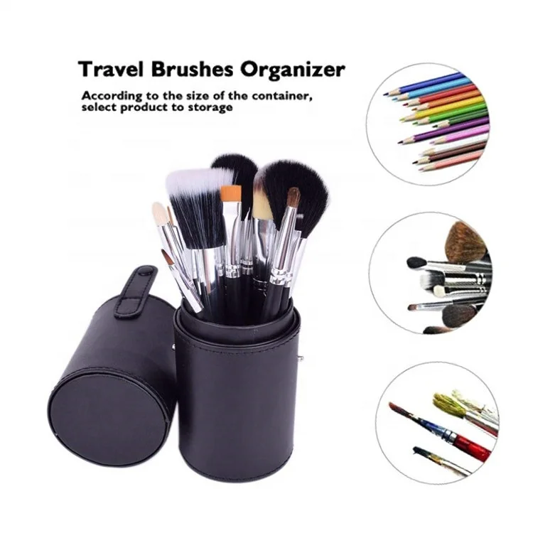 Personalized Portable Black Organic Cosmetic With Cup Holder Leather Case Fashionable Travel Makeup Brush Bag