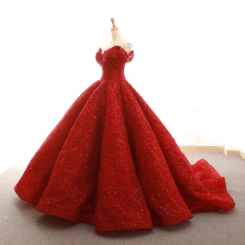 
Womens Luxury Lace Evening Dresses Dubai Puffy Ball Gown Off Shoulder V-Neck Prom Gown vestido de noche Pageant Dress 2019 