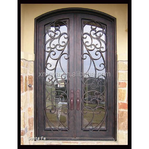 Modern Sheet Metal Wrought Iron Main Double Entrance Steel Beautiful Design Eyebrow Front Bronze Security Iron Doors For House