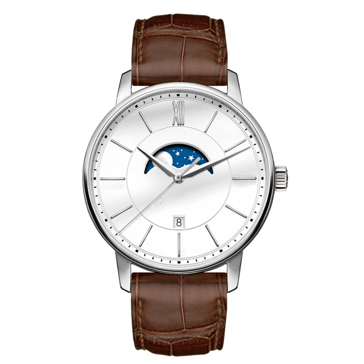 Custom Logo Elegant Stainless Steel Moon Phase Watches for Men Western Style Luxury Relojes Wrist Watch