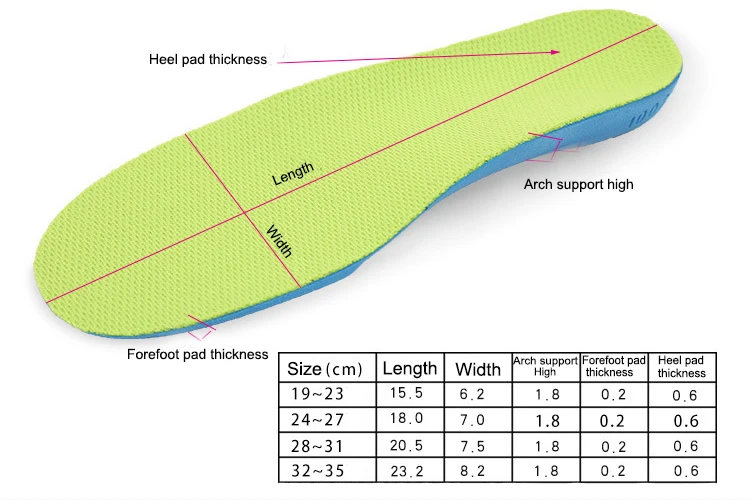 High quality full length children flat feet care arch support kids medical orthotic insoles for shoes