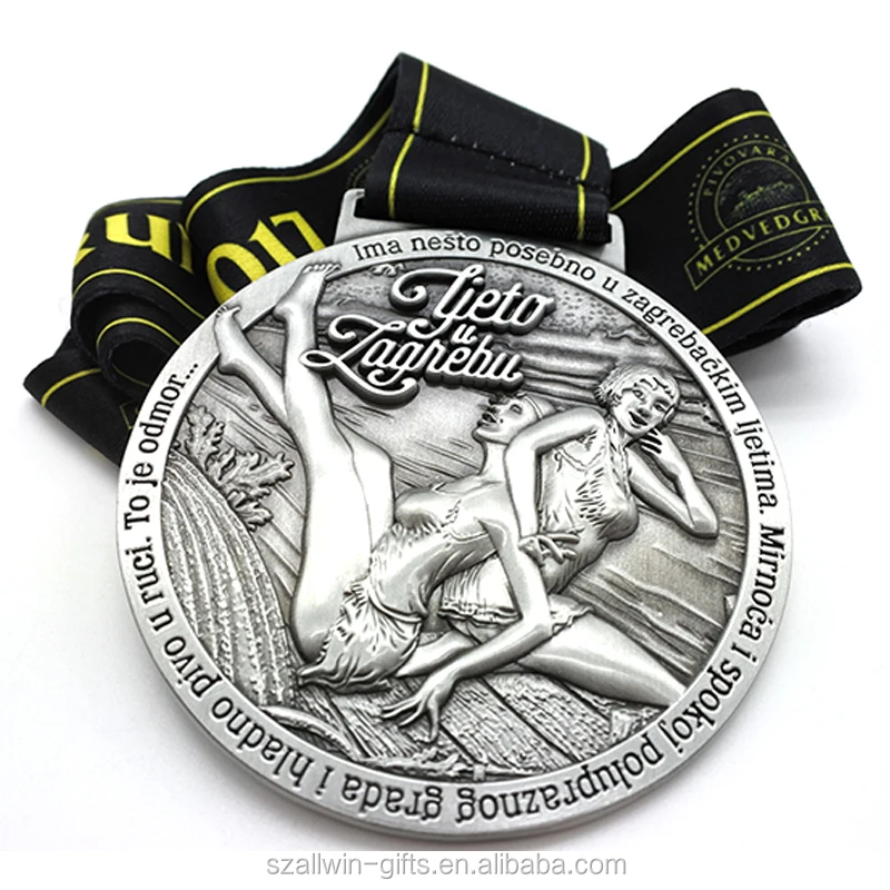 manufacture custom antique silver 3D medvedgrad sexy souvenir medals for girls